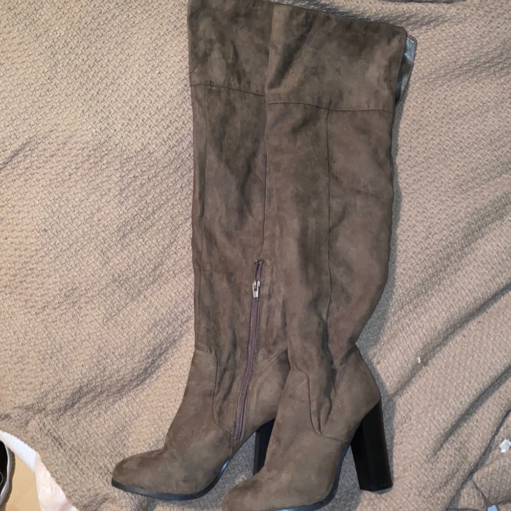 Olive green above the knee heeled boot
